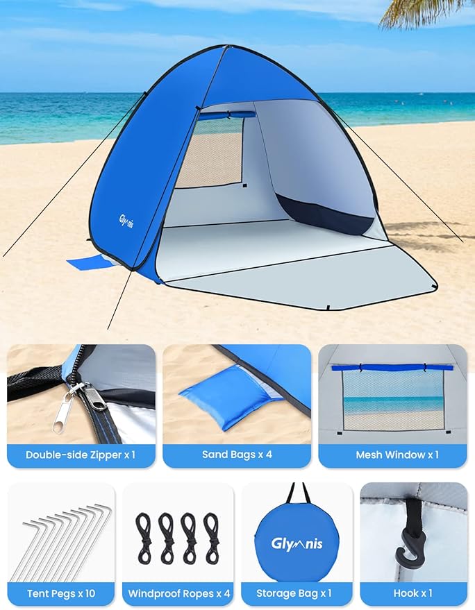 Glymnis Pop Up Beach Tent Beach Shade Tent for 1-4 Persons Sun Shelter UPF 50+ Enclose Zipper Door Portable Easy Up Beach Tent