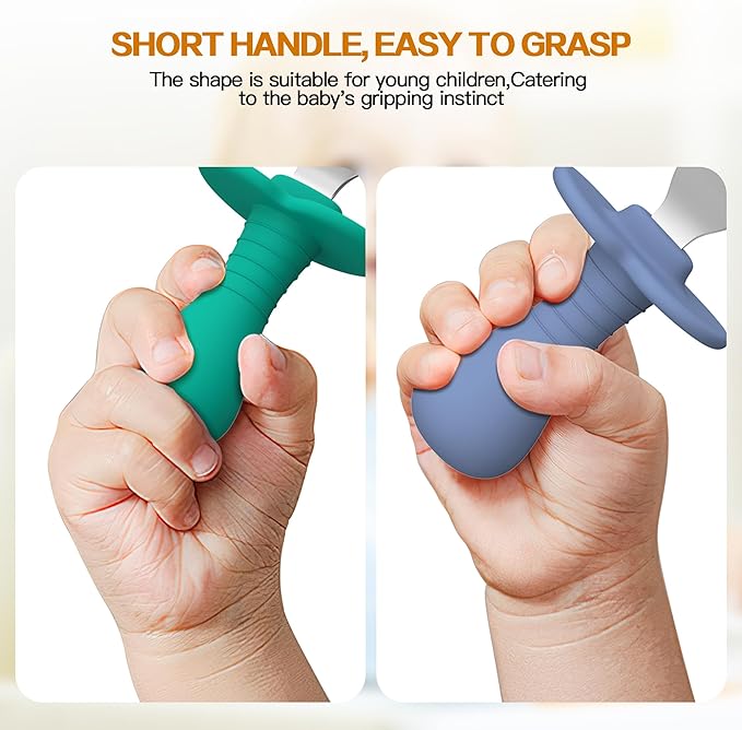 2 Pcs Baby Forks Toddler Forks for Self Feeding, Kids Forks with Silicone Round Handle, Stainless Steel Toddler Utensils Children Safe Silverware Set, Anti-Choke Design, BPA Free