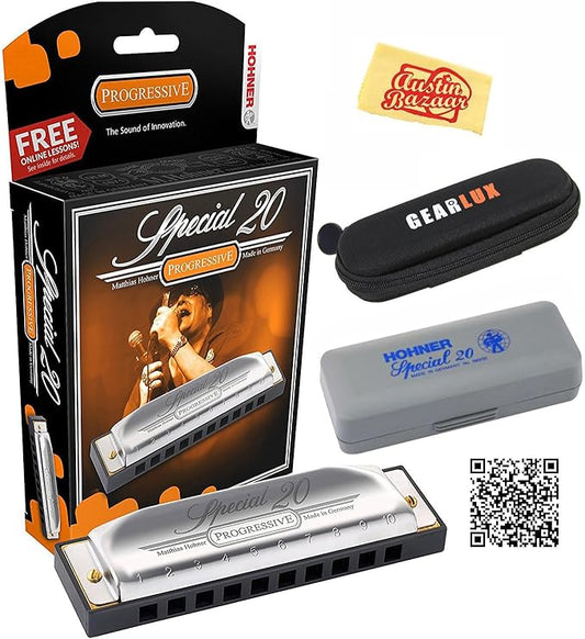 Hohner Special 20 Harmonica - Key of B Bundle with Case, Pouch, Online Manual, and Austin Bazaar Polishing Cloth