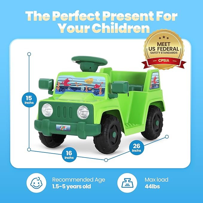 6V Toddler Ride On Car Interactive Electric Car with Horn LED Front Light Rear Storage Ocean Theme Perfect for Boys & Girls 18+ Months Safe & Fun for Little Explorers(Green Ocean)
