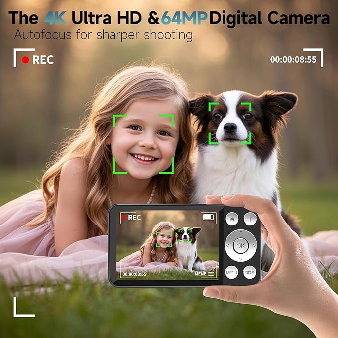 Digital Camera, Autofocus 4K 64MP Point and Shoot Digital Cameras for Teens with 64GB Card, 18X Zoom Anti-Shake Compact Video Camera for Student Kids Boys Girls Beginner - Black