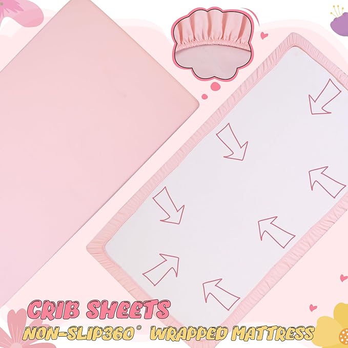 Cloele 3 Pieces Crib Bedding Set for Girls,Standard Size Pink Ruffled Nursery Crib Baby Bedding Set Includes Comforter Fitted Sheet Crib Skirt -Girls Solid Seersucker Ruffle Quilt