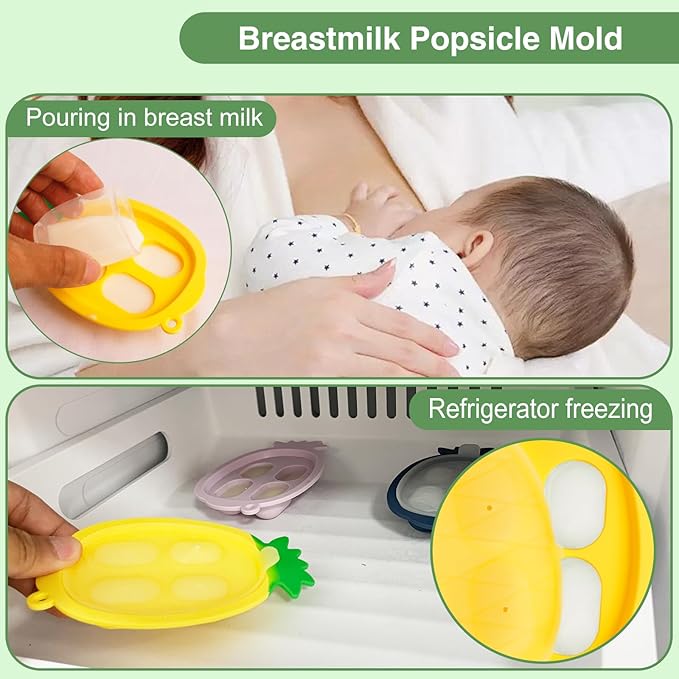 Baby Fruit Food Feeder - Silicone Nibble Tray Combo - Breastmilk Popsicle Mold for Cooling Relief, BPA Free Mesh Feeder for Infant Self Feeding (Deer Green + Pineapple)