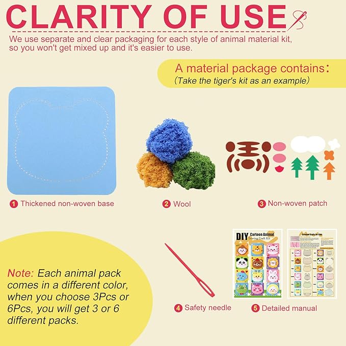 DIY Embroidery Doll Kit, Cartoon Animal Craft Sewing Kit for Kids, Felt Crafts, Beginner Sewing for Kids Ages 4-8 Plus - Helps Develop Fine Motor Skills (3PCS-Deer/Elephant/Bear)