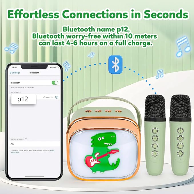 Dinosaur Karaoke Machine for Kids, Portable Mini Karaoke Machine with 2 Wireless Microphones, 4 5 6 7 8 9 10 Years Old Girl Boy Easter Christmas Birthday Gift Colorful Lighted Speaker Toys