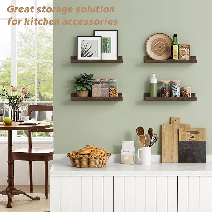 Forbena Dark Wood Nursery Floating Shelves for Wall Set of 4, Short Wall Bookshelf for Kids Bedroom, Wooden Hanging Book Shelves with Rail for Nursery Books, Baby Room Bathroom Storage (Dark Brown)