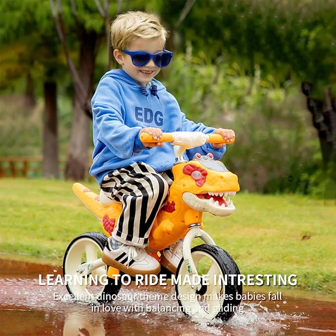 Dinosaur-Themed Toddler Balance Bike Toys for 2-7 Year Old Girls & Boys - Music & Lighting Effects, No-Pedal Training Bike, Best Gifts for Kids with Carbon Steel Frame & Adjustable Handlebar