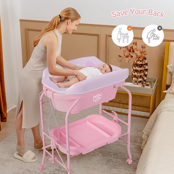 BABY JOY Baby Bathtub with Changing Table, Foldable Infant Diaper Changing Station with Storage Tray, Waterproof Pad, Portable Newborn Nursery Organizer Bath Stand with 4 Universal Wheels (Pink)