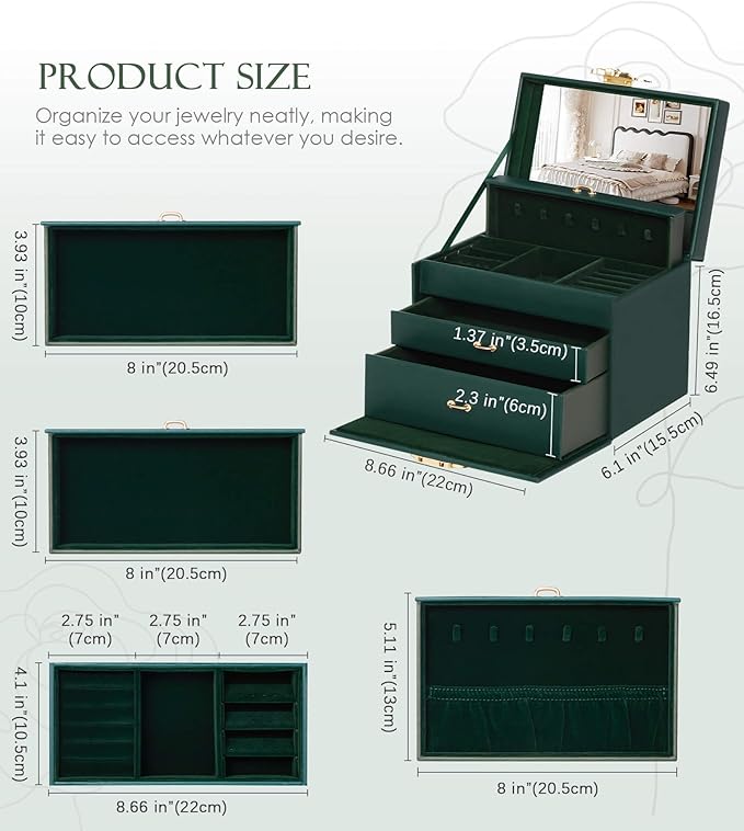 Jewelry Box with Lock for Girls: Jewelry Organizer for Dresser - 3-Drawer Earrings Storage Girls Women Gift (Dark Green)