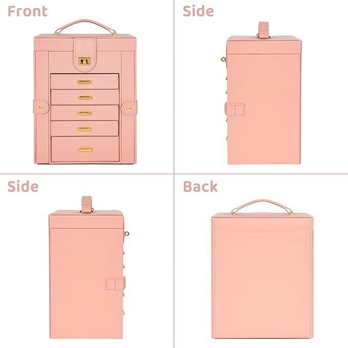 AKOZLIN Jewelry Box Organizer Functional Leather Jewelry Storage Case for Women Girls Ring Necklace Earring Bracelet Holder Organizer with Mirror Pink