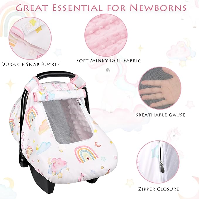 Baby Carseat Cover Girls, Pea Pod Unicorn Infant Car Seat Covers Canopy for Newborn with 2 Layers Windows of Breathable Mesh/Fabric, Lightweight Polyester/Minky Dot Backing, Snug Fit