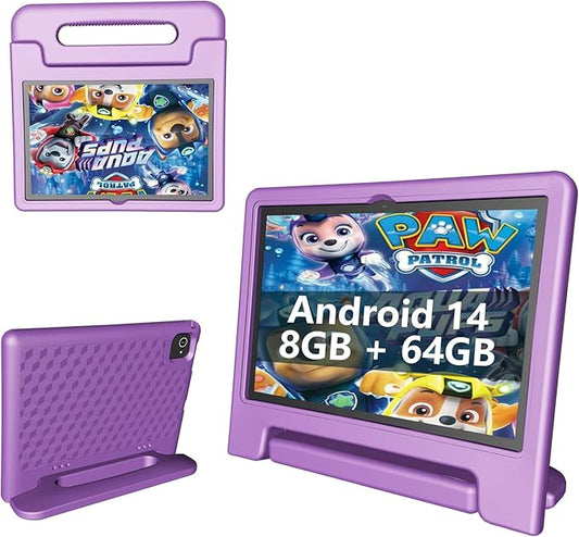 Kids Tablet 8GB+64GB, 10 Inch Android 14 Tablet for Kids 6000mAh with Case, WiFi 6, Bth 5.2, Dual Camera, GPS Pre-Installed Parental Controls, Kids Space & Family Link Great Gift for Toddler Children
