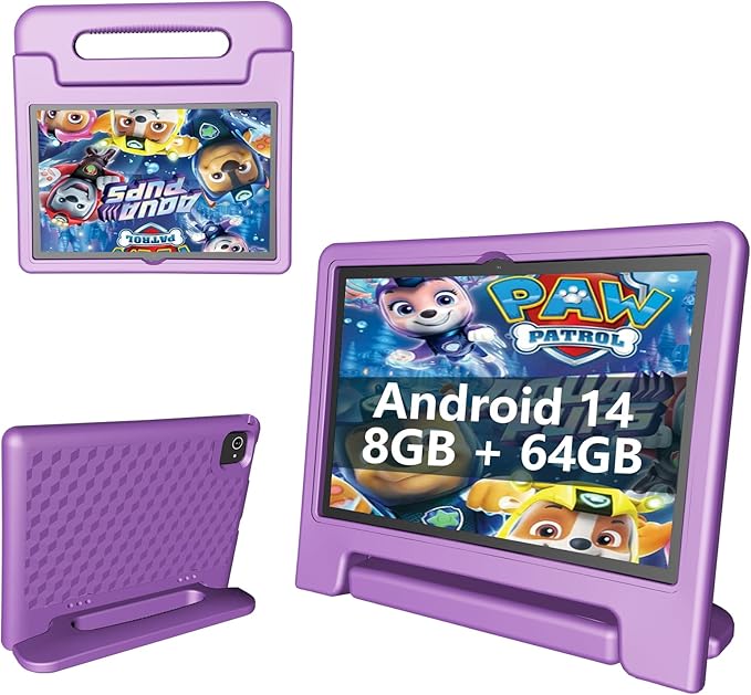 Kids Tablet 8GB+64GB, 10 Inch Android 14 Tablet for Kids 6000mAh with Case, WiFi 6, Bth 5.2, Dual Camera, GPS Pre-Installed Parental Controls, Kids Space & Family Link Great Gift for Toddler Children