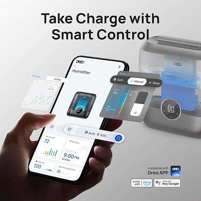 Dreo Smart Humidifiers for Bedroom, 6L Top Fill Supersized Cool Mist Humidifier for Large Room, 60 Hour Runtime, Quiet Ultrasonic Humidifiers for Plants, Baby, Indoor, Home, Night Light, Black