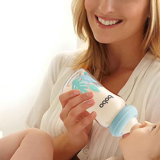 YOHKOH Natural Glass Baby Bottle with Natural Response Nipple, Newborn Anti-Colic Baby Bottles, Wide Neck Mushroom Cap Baby Bottle, Clear ((5.4oz (Pack of 2), Blue-A)