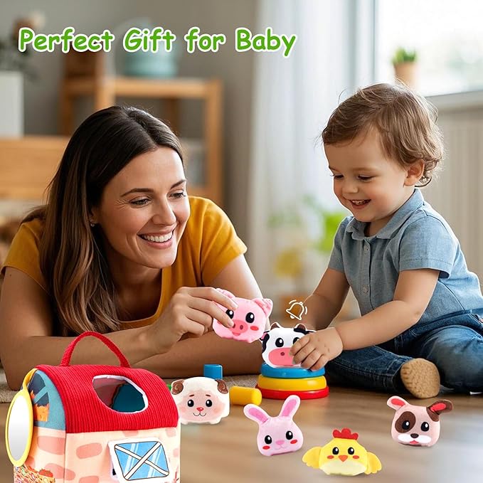 Baby Toys 6-12 Months, Soft Barn Toy with 6 Stuffed Farm Animals, Rattle, Crinkle, Mirror, Sensory Toys for Toddlers 1-3, 6 7 8 9 10 Month Old Baby Toys, Montessori Toys Gift for 1 Year Old Boy Girl