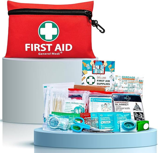 General Medi Mini First Aid Kit, 110 Piece Small First Aid Kit - Includes Emergency Foil Blanket, Scissors for Travel, Home, Office, Vehicle, Camping, Workplace & Outdoor (Red)