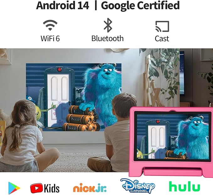 JREN Tablet for Kids｜10.1 Inch Kids Tablet Android 14｜Octa-core｜64GB｜WiFi ｜Bluetooth｜Parental Control｜Children Content｜Children Toddler Pink Girls Gift