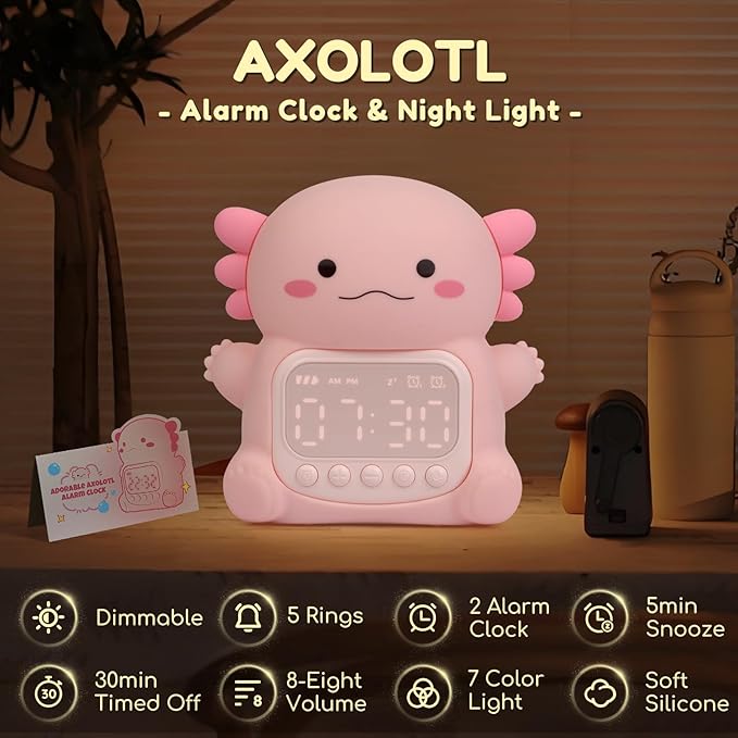 Axolotl Alarm Clock with Night Light for Kids, 7 RGB Color Cute Alarm Clocks for Bedrooms Ok to Wake Clocks, Silicone Animal Tabletop Lamp for Teen Girls Boys
