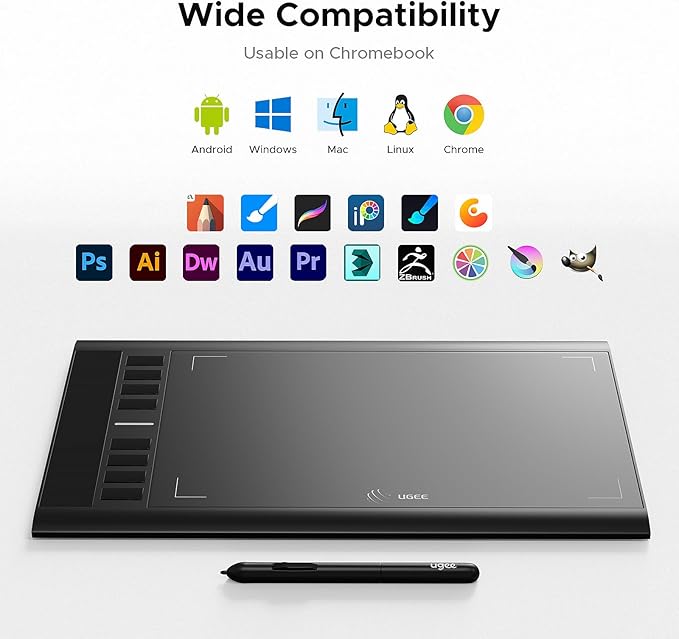 Graphics Drawing Tablet, UGEE M708 10 x 6 inch Large Digital Drawing Pad with 8 Hot Keys 8192 Levels Pen, Graphic Tablets for Computer Graphic Board Creation Sketch for PC/Laptop/Mac OS/Linux/Chrome
