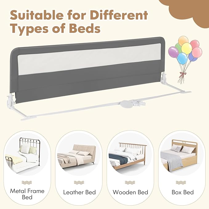 BABY JOY Bed Rails for Toddlers, 71'' Extra Long, Swing Down Bed Guard w/Safety Strap, Folding Baby Bedrail for Kids Twin, Double, Full Size Queen & King Mattress (71-Inch, Gray)