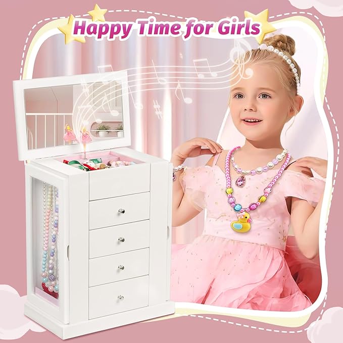 Jewelry Box for Girls, Musical Jewelry Box with Spinning Dancer Gifts for Little Girls Christmas New Year Birthday Children's Day, 5 Layer Large Wooden Kids Music Jewelry Organizer Box(White)