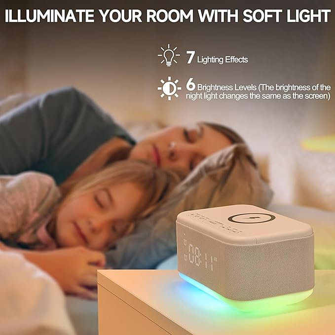 Alarm Clock Speaker Wireless Charger, Digital Alarm Clocks Bedrooms Bluetooth, Alarm Clock Dimmable Light Bedrooms Dual Alarm Snooze Dimmer 12 24H RGB Night Light Bluetooth USB AUX, White