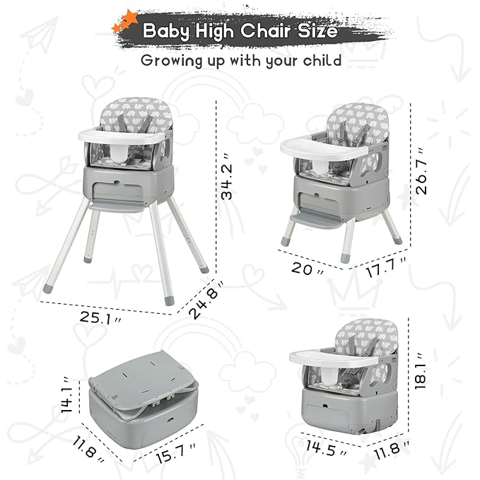 4 in 1 Portable Baby High Chair,Convertible Highchair for Babies & Toddlers-Foldable Infant Booster Seat,Carry Small Box,Dining Chair,Toddler High Chair with 5-Point Harness,Removable Tray-Grey