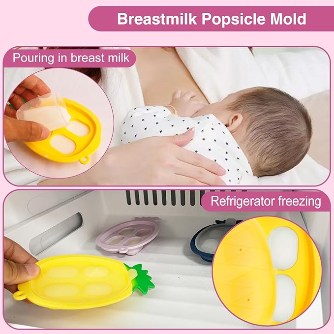 Baby Fruit Food Feeder - Silicone Nibble Tray Combo - Breastmilk Popsicle Mold for Cooling Relief, BPA Free Mesh Feeder for Infant Self Feeding (Claw Pink + Pineapple)
