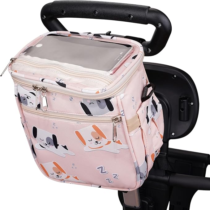 Baby Stroller Organizer Bag，Small Diaper Bag - Universal Stroller Organizer With Insulated Cup Holder,Pocket With Baby Wipes Dispenser，Adjustable Shoulder Strap(pink)