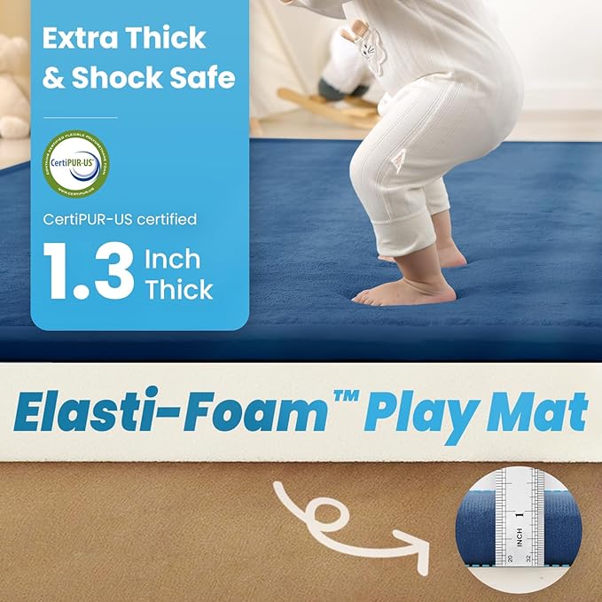 1.3" Thick Foam Baby Play Mat Extra Large 79x158, Basic Padded Plush Tummy Time Crawling Mat, Non-Slip Support Area Rug for Playroom Nursey Living Room (Royal Blue)