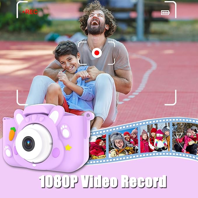 Kids Camera Toys,48MP Dual Lens with 64G SD Card and Cartoon Soft Cover for 3-8 Year Old Girls Boys (PurpleR)