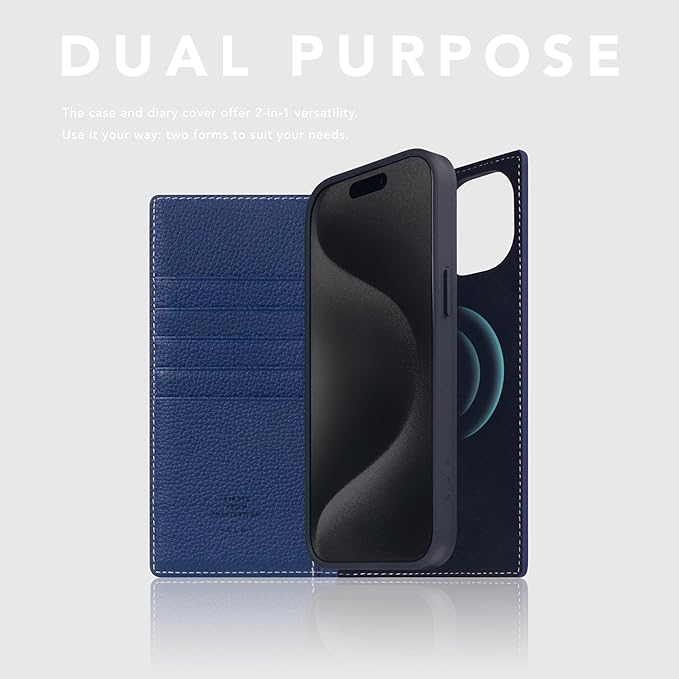 D8 Full Grain Leather Wallet Case for iPhone 15 Plus - [2-in-1] Handcrafted Detachable Diary Style with Magnetic MagSafe Back Cover, Gift Box Included (Navy Blue)
