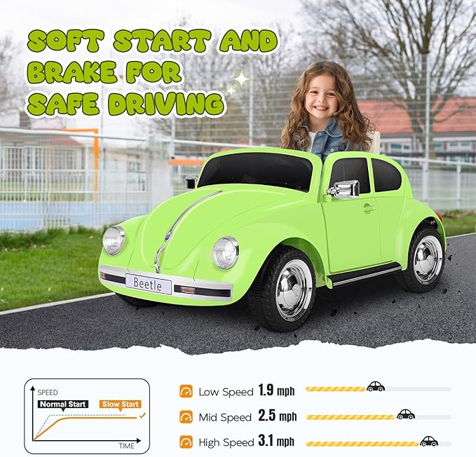 12V Kids Electric Car, Power Wheels with Remote Control, Ride on Car Toys with LED Light, 3 Speeds, Music, Green