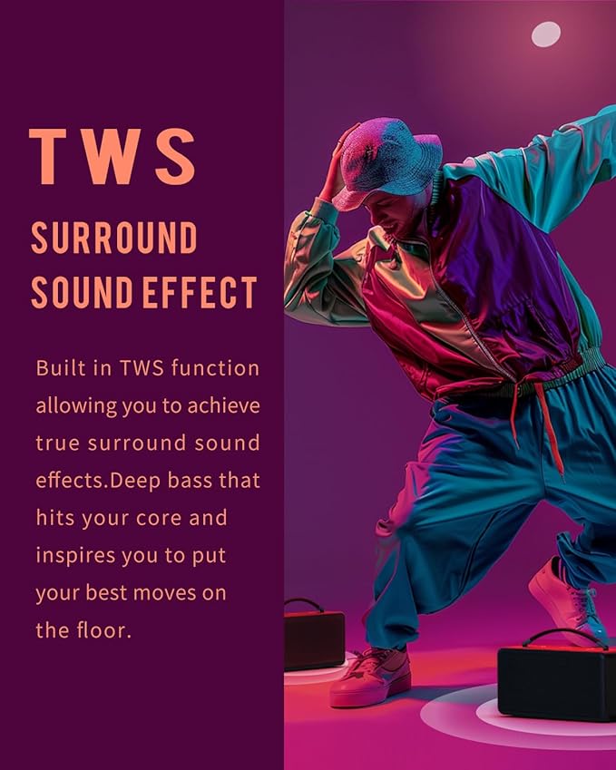 DINDIN Portable Bluetooth Speaker: 80W (Peak), 20H Playtime, Loud Wireless Wood Speakers with Bass, AUX and USB Input, Subwoofer, TWS Pairing, Vintage Speaker for Outdoor, Home, Office (Black)