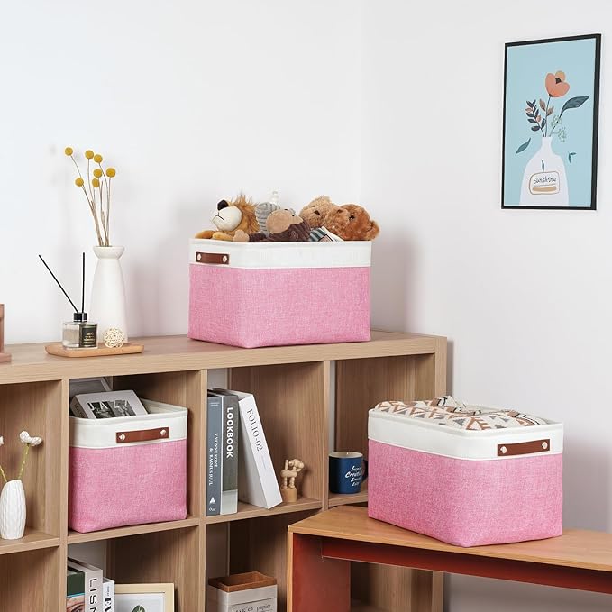 DULLEMELO Storage Baskets for Organizing, Shelves,Bedroom, Decorative Storage Bins with Faux Leather Handles, Fabric Storage Basket for Office, Toys(3-Pack, White&Pink)