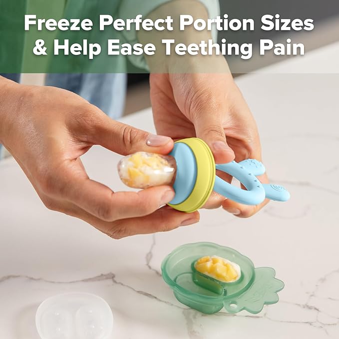 Haakaa Baby Fruit Food Feeder & Mini Freezer Nibble Tray Combo, Breastmilk Popsicle Molds for Baby Cooling Relief, BPA Free Silicone Feeder for Safe Infant Self Feeding, 4 Month+ (Blue)