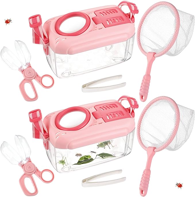 2 Set Bug Catcher for Kids- Educational Bug Catching Kit Including Butterfly Net, Insect Clip, Tweezer, Outdoor Toys for Kids Ages 3-10 (Pink)