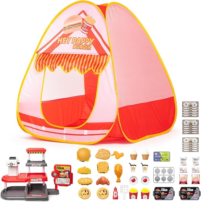 Kids Play Tent, Pop Up Play Tent Burger Theme with Complete Toy Set, Play Toys Play Set for Kids Indoor Outdoor Pretend Play