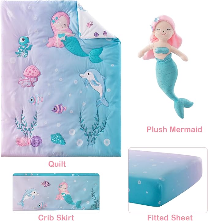 4 Piece Crib Bedding Set for Boys Girls, Infant Toddler Nursery Baby Bedding Sets Includes Cartoon Quilt, Fitted Crib Sheet, Crib Skirt and Plush Mermaid Toy