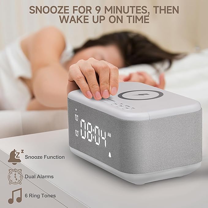 Alarm Clock Speaker Wireless Charger, Digital Alarm Clocks Bedrooms Bluetooth, Alarm Clock Dimmable Light Bedrooms Dual Alarm Snooze Dimmer 12 24H RGB Night Light Bluetooth USB AUX, Gray