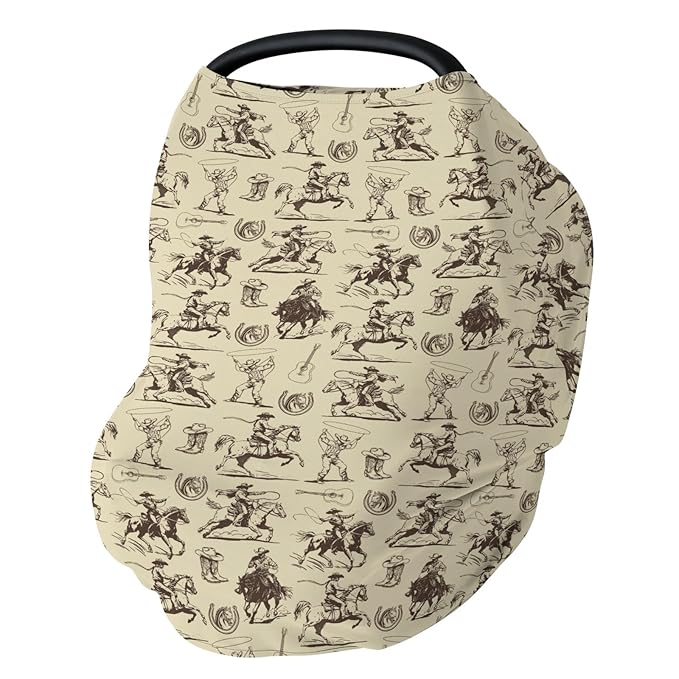 Vintage Cowboy Car Seat Cover for Baby Western Horses Boots Hats Guitar Stretchy 5-in-1 Covers Adjustable Car Canopy Breastfeeding Cover Country Western Breathable Nursing Cover-Up