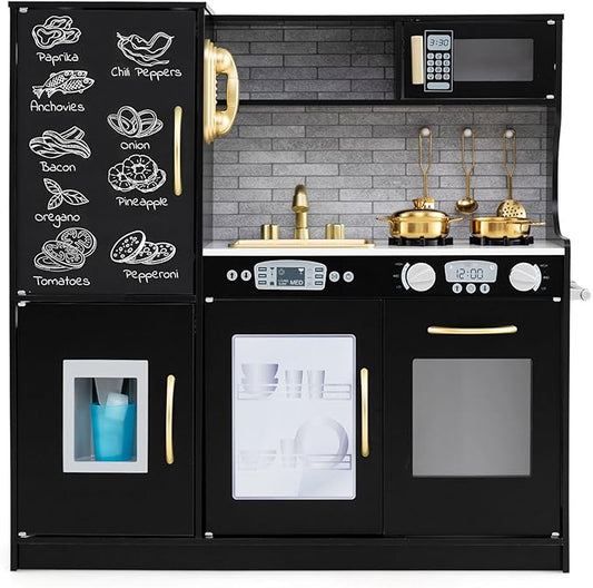 HONEY JOY Kids Kitchen Playset, Wooden Little Chef Pretend Toy Kitchen Set w/Chalkboard, Telephone, Utensils, Oven, Microwave, Sink, Storage, Play Kitchen for Toddlers Boys Girls, Black