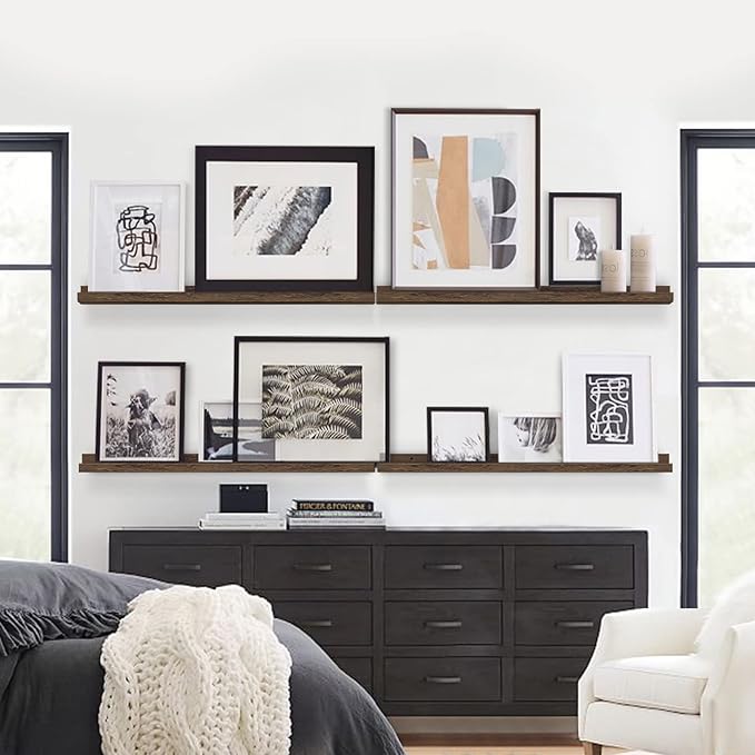 Forbena Rustic Wood Wall Shelves for Living Room Set of 4, 36 Inch Long Floating Shelves with Lip, Large Farmhouse Wooden Picture Ledge Shelf for Bedroom Office Hallway Photo Frames (Dark Brown)