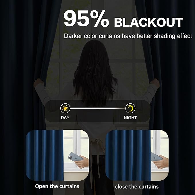 KEQIAOSUOCAI Navy Blue Curtains 102 Inches Long 2 Panels Set, Pinch Pleated Thermal Insulated Blackout Room Darkening Curtain for Living Room,Window Draperies with Hooks(Navy Dark Blue,40x102-inch)