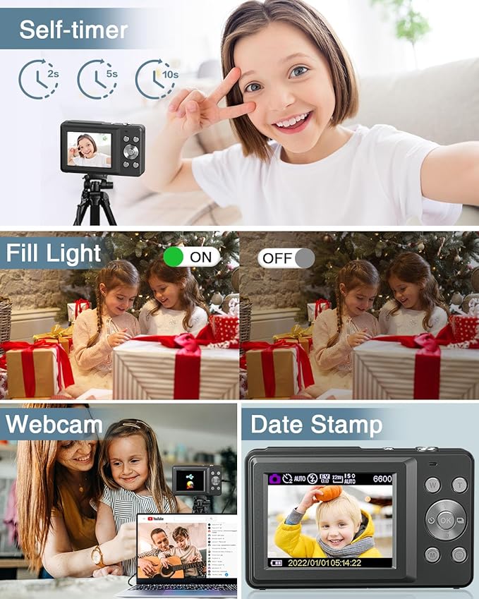 Digital Camera, FHD 1080P Point and Shoot Camera with 16X Zoom Anti Shake, Compact Small Portable for Boy Girls(Deep Black)