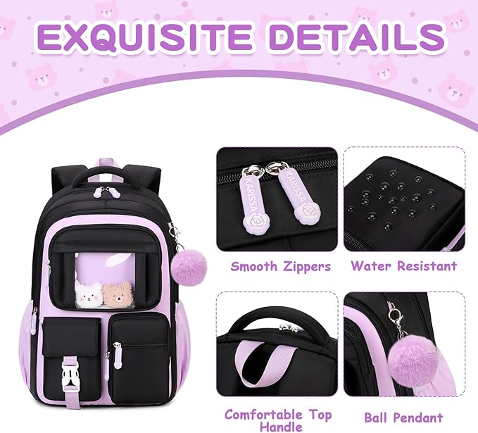 Kids Backpack for Girls School Bags for Middle School Students Book Bag for Elementary Primary Kawaii Ita Backpack, Black and Purple