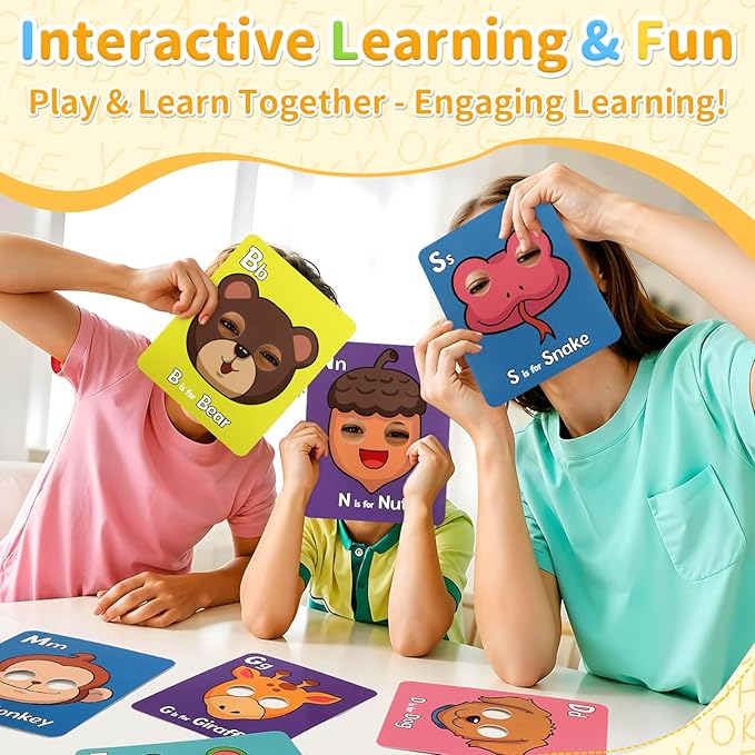 26 PCS Alphabet Mask Cards, Colorful Alphabet ABC Flash Cards with Animal Mask, Giant Letter ABC Animal Faces Flash Learning Flashcards