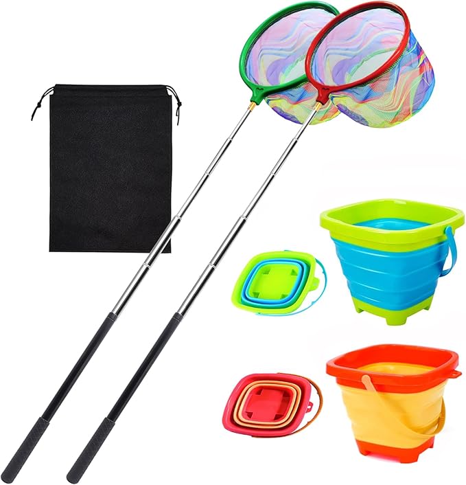 2PCS Fishing Net with Bucket, Telescopic Fishing Landing Net, Collapsible Kids Sand Bucket, Kids Fish Butterfly Catching for Freshwater Saltwater Outdoor Activities