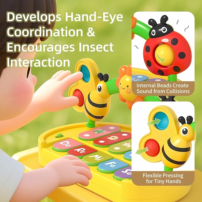 Baby Piano Toy for Kids 0-6-12-18 Months, Light Up Baby Keyboard Musical Toy with Press Pop Bubbles, 4 Modes Toddler Piano for Boys Girls Ages 1-3, Detachable & Portable Infant Toy Gift